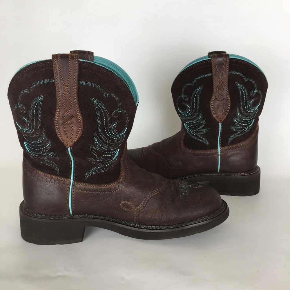 Ariat Fatbaby Heritage Dapper Western Boots Dark Brown Leather Teal Stitching - Picture 11 of 14